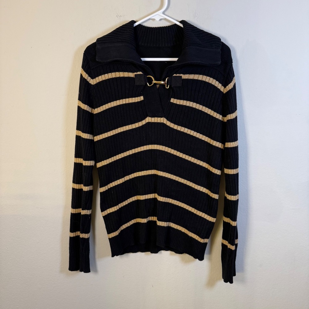 Lauren Ralph Lauren Black Gold Striped Ribbed Sweater Gold Clasp Nautical Womens